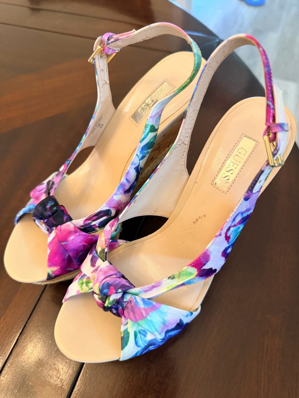 GUESS Floral Knot Slingback Wedge Sandals in Pink Multi